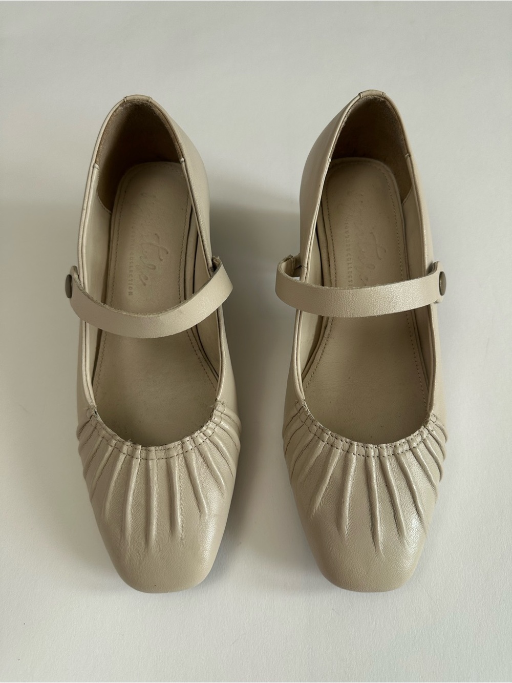 Y2K classic Cream Leather Ruched‎ Square Toe Mary Jane Block Heel Pumps Size 6